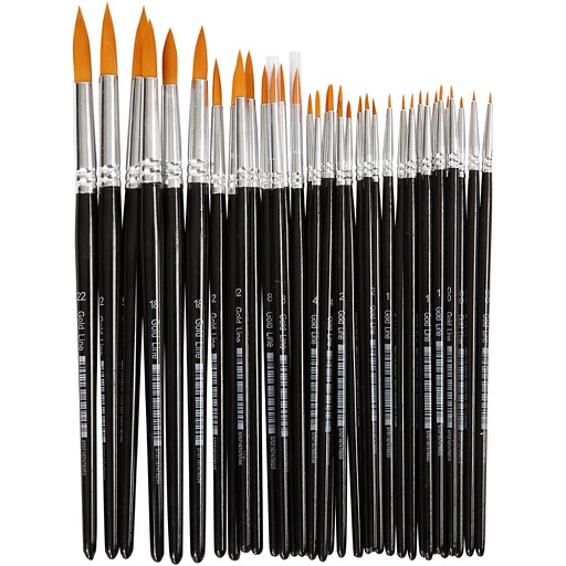 [CR10749] Pinceaux Gold Line, dim. 0+1+2+4+8+12+18+22, L : 17-21,5 cm, L : 1-7 mm, rond, 36 pièces/ 1 Pq.