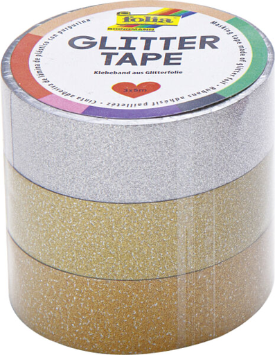 [FOL28301] Glitter-Tape, 5mx15mm, Sets van 3, zilver/licht goud/goud