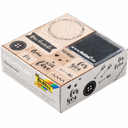 [FOL31107] Stempelset Kit HANDMADE, 11 stuks houten stempels en 2 inktkussens