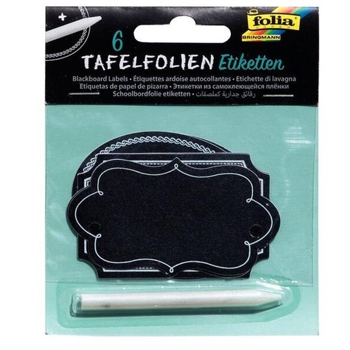 [FOL39201] Schoolbord etiketten zwart met stift, verschillende vormen - 6 stuks