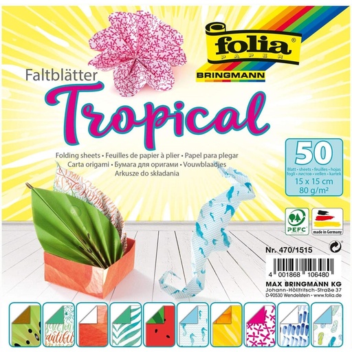 [FOL470/1515] Feuilles pliage 80g/m², Tropical, 15x15cm, 50 feuilles, 10 motifs assortis
