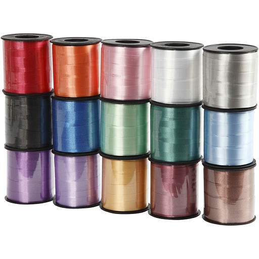 [CR20231] Ruban cadeau, L : 10 mm, brillante, ass. de couleurs, 15x50 m/ 1 Pq.