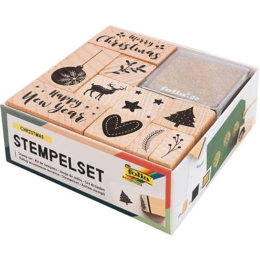 [FOL31108] Set de tampons en bois CHRISTMAS, 10 tampons et 2 encreurs inclus