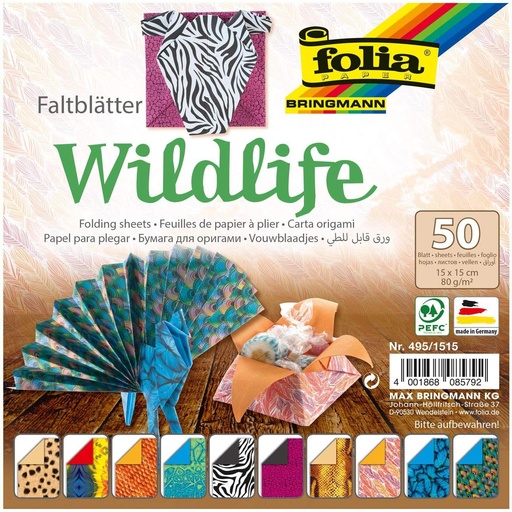 [FOL495/1515] Origami/Vouwbladen WILDLIFE 80g/m², 15x15cm, 50 vellen, 10 verschillende ontwerpen