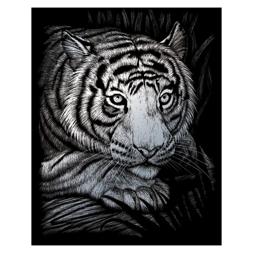 [RB-SILF#38] Dessin Scratch A4 Silver Foil plume inclus, Tigre blanc
