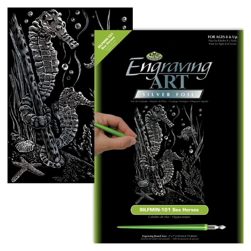 [RB-SILMIN#101] Krastekening 12,7 x 17,8cm Silverfoil met pen, Zeepaardjes