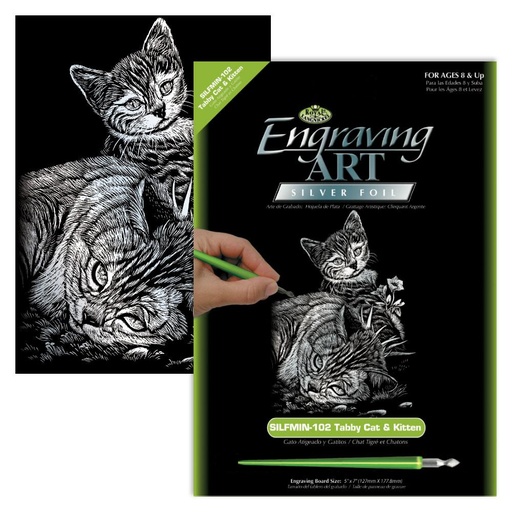 [RB-SILMIN#102] Krastekening 12,7 x 17,8cm Silverfoil met pen, Tijgerkat & Kitten