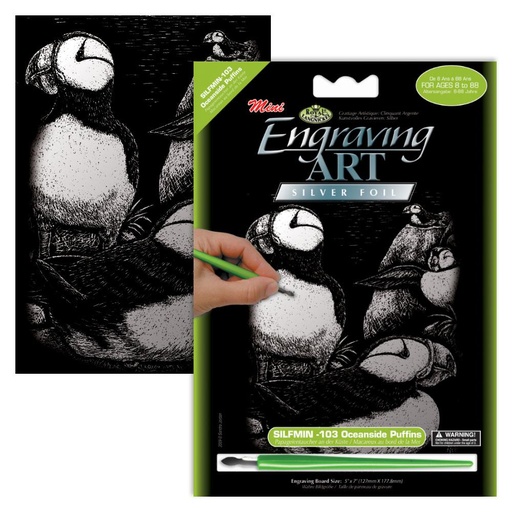 [RB-SILMIN#103] Dessin Scratch 12,7 x 17,8cm plume inclus, Macareux au bord de l'océan