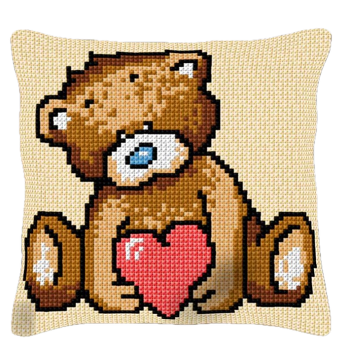 [BE4041#15] Kit Coussin Point de Croix Decoline 40x40cm, n°15 Ours avec Coeur