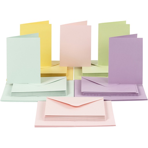 [CR23114] Kaarten en enveloppen, afmeting kaart 10,5x15 cm, afmeting envelop 11,5x16,5 cm, 110+220, pastelkleuren, 50 set/ 1 doos