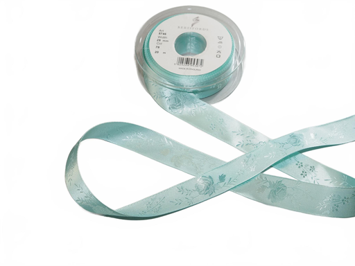 [BE5746-2520-78] Berisfords satijnlint met bloemmotief turquoise, 25mm breed, rol 20m