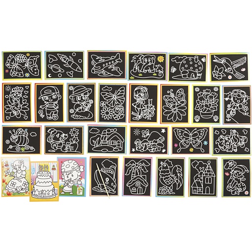 [CR23347] Krasplaatjes, 9x12 cm - 96 diverse dessins incl kraspen