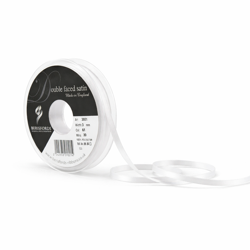 [350103#001] Berisfords Double faced satijnlint, 3mm breed, rol 30m, wit