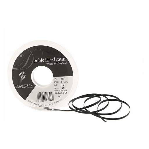 [350103#010] Berisfords Double faced satijnlint, 3mm breed, rol 30m, zwart