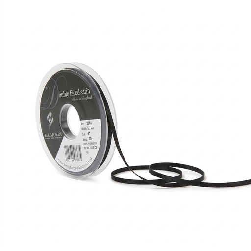 [350103#010] Berisfords Double faced satijnlint, 3mm breed, rol 30m, zwart