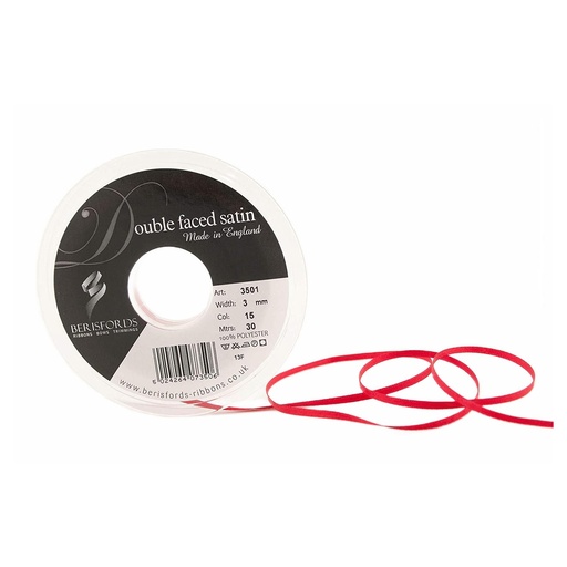[350103#015] Berisfords Double faced satijnlint, 3mm breed, rol 30m, rood