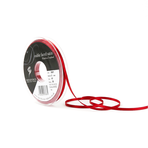 [350103#015] Berisfords Double faced satijnlint, 3mm breed, rol 30m, rood