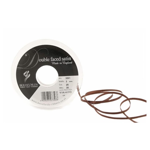 [350103#025] Berisfords Double faced satijnlint, 3mm breed, rol 30m, donkerbruin