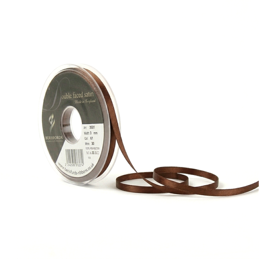 [350103#025] Ruban Berisfords satin double face, 3mm, rouleau 30m, brun foncé