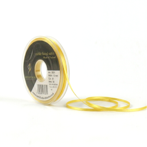 [350103#679] Berisfords Double faced satijnlint, 3mm breed, rol 30m, geel