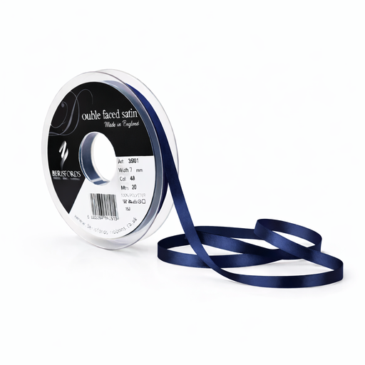 [350107#013] Berisfords Double faced satijnlint, 7mm breed, rol 20m, marineblauw