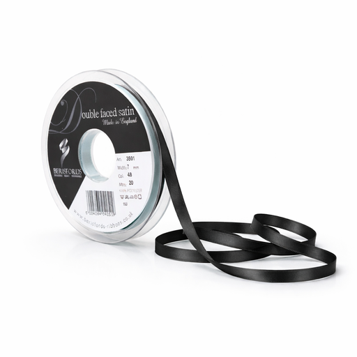 [350107#010] Ruban Berisfords satin double face, 7mm, rouleau 20m, noir