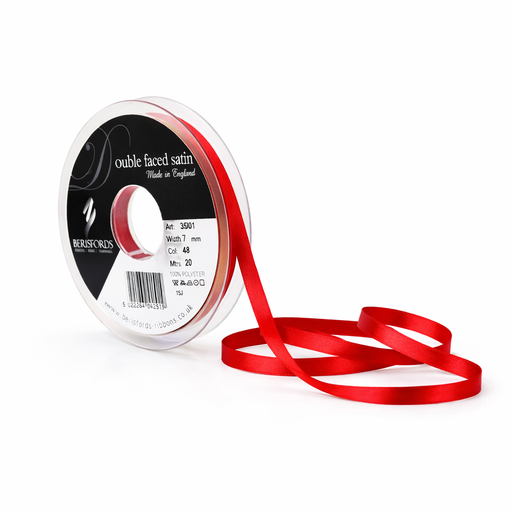 [350107#250] Berisfords Double faced satijnlint, 7mm breed, rol 20m, rood