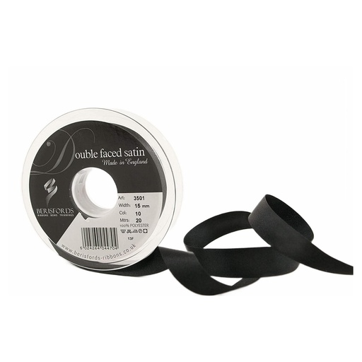 [350115#010] Berisfords Double faced ruban satin, 15mm breed, rol 20m, noir