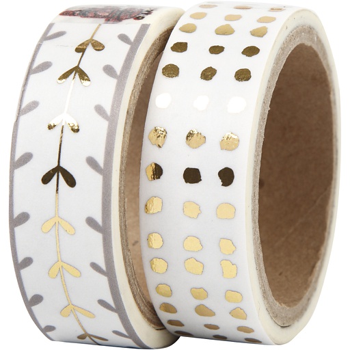 [CR24767] Ruban adhésif Washi Tape, coeurs et points - film, L: 15 mm, or, blanc, 2x4 m/ 1 Pq.