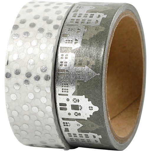 [CR24798] Ruban adhésif Washi Tape, maisons et points - film, L: 15 mm, argent, 2x4 m/ 1 Pq.