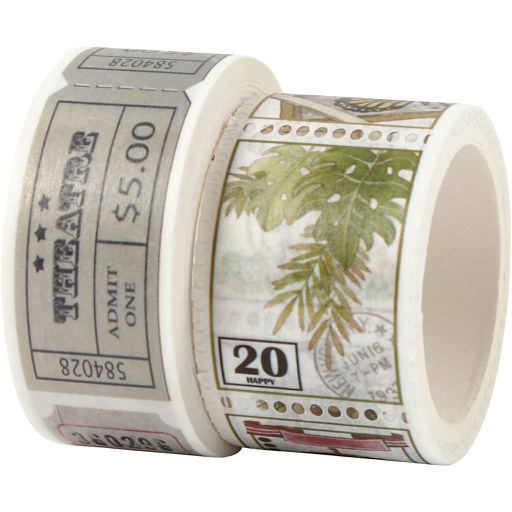 [CR25242] Ruban adhésif Washi Tape, Motif tikets et nature, L: 3+5 m, L: 20+25 mm, 2 rouleau/ 1 Pq.