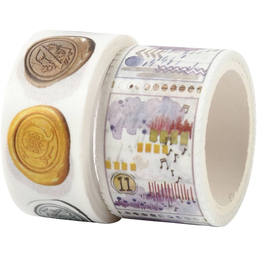 [CR25243] Ruban adhésif Washi Tape, Motif escargot et paysage, L: 3+5 m, L: 20+25 mm, 2 rouleau/ 1 Pq.