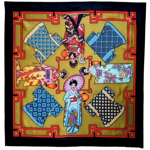 [GS90#PW123] CARRÉ 100% SOIE SERTI NOIR 90 X 90 CM GEISHAS