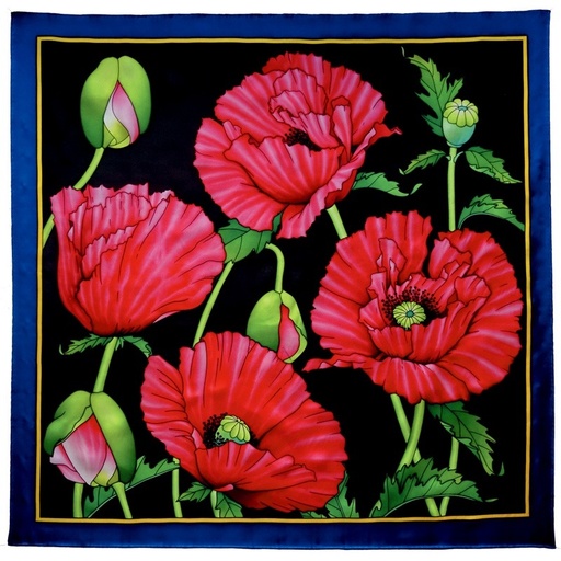 [GS90#PW129] CARRÉ 100% SOIE SERTI NOIR 90 X 90 CM PAVOT