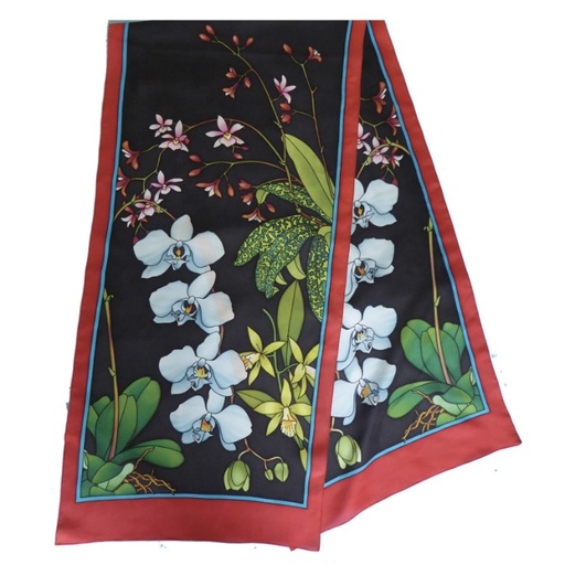 [GS180#PW120] ECHARPE LONGUE 100% SOIE SERTI NOIR 180 X 43 CM ORCHIDEE