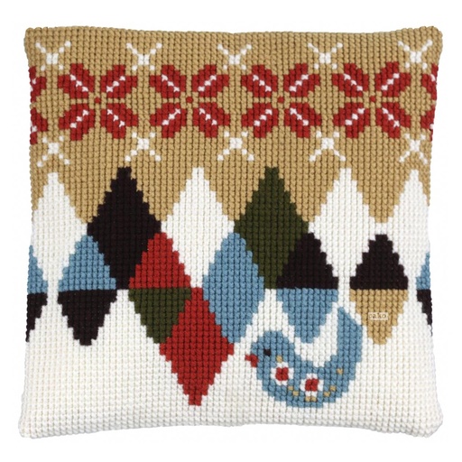 [PA4041#293] Kit coussin point de croix 40x40cm, Scandinave avec oiseau (Comprend l'aiguille et le fil)  