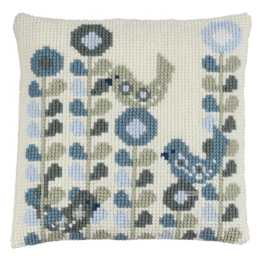 [PA4041#296] Kruissteekkussen 40x40cm, Scandinavisch met vogeltje blauw (incl. naald en garen)  