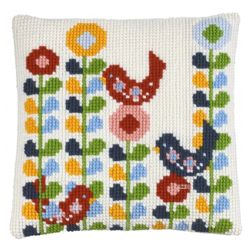[PA4041#295] Kit coussin point de croix 40x40cm, Scandinave avec oiseau couleurs (Comprend l'aiguille et le fil)  
