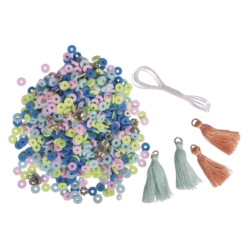 [R15403#405] Heishi kralen set van polymeerklei, blauwgroen licht, Mix glaskralen,kwasten, draden, ZB-doos