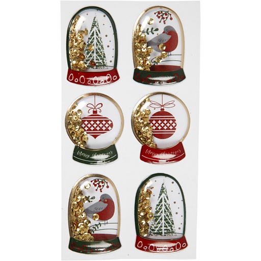 [CR28489] Shaker stickers, goud, vogel, boom en kerstballen, afm 49x32+45x36 mm, 6 stuks