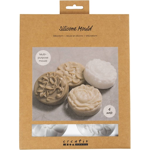[CR37128] Moule en silicone, Rond décoré d'un motif floral , 6,8 cm, 2,3 cm, 4pièces/ 1 Pq.
