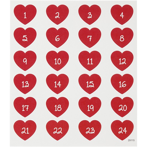 [CR291151] Stickers cijfers (1-24) hart 15x16,5 cm, rood - 24 stuks