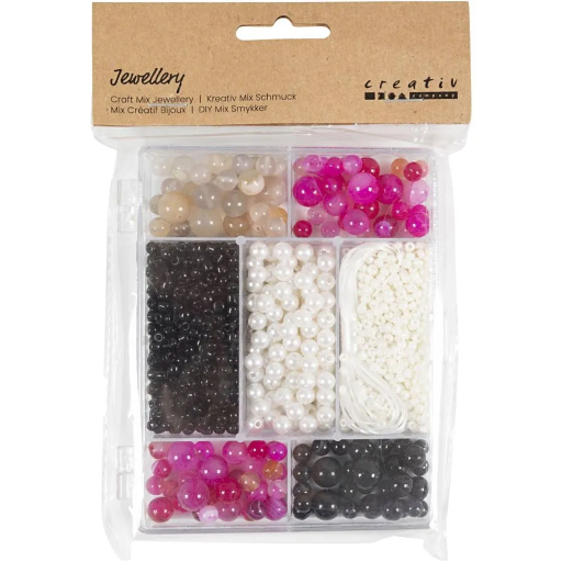 [CR977791] Creatieve Box Sieraden, Agaten, afm 2,6-10 mm, gatgrootte 0,8-1,8 mm, ca. 2740 stuk, beige, zwart, roze, wit parelmoer, 1 doos