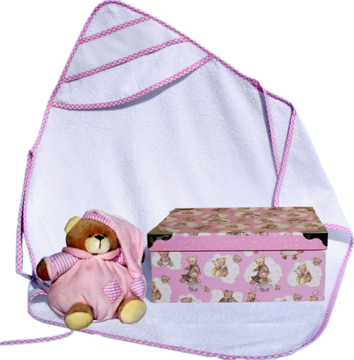 [B12270GS#01] Badcape met capuchon 75x75 cm met aidarand + beertje 13x10,5 cm. Gechenkdoos
