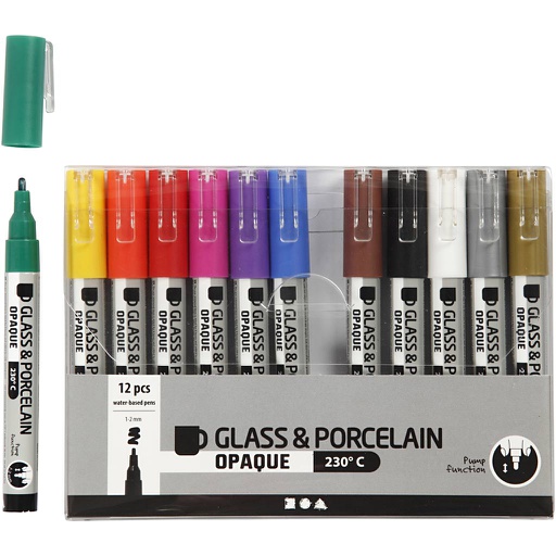 [CR31334] Glas- & Porseleinstiften, diverse kleuren, lijndikte 1-2 mm, dekkend, 12 stuks