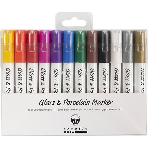 [CR31334] Glas- & Porseleinstiften, diverse kleuren, lijndikte 1-2 mm, semi-dekkend, 12 stuks