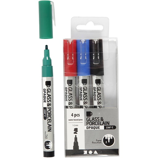 [CR31336] Feutre pour verre et porcelaine, trait 1-2 mm, semi opaque, noir, bleu, vert, rouge, 4 pièce/ 1 Pq.