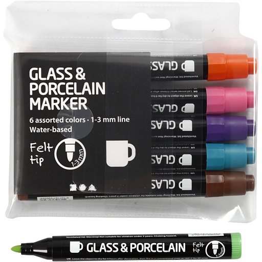 [CR31652] Feutres pour Verre et Porcelaine, trait 1-3 mm, semi opaque, couleur extra, 6 pièces/ 1 Pq.