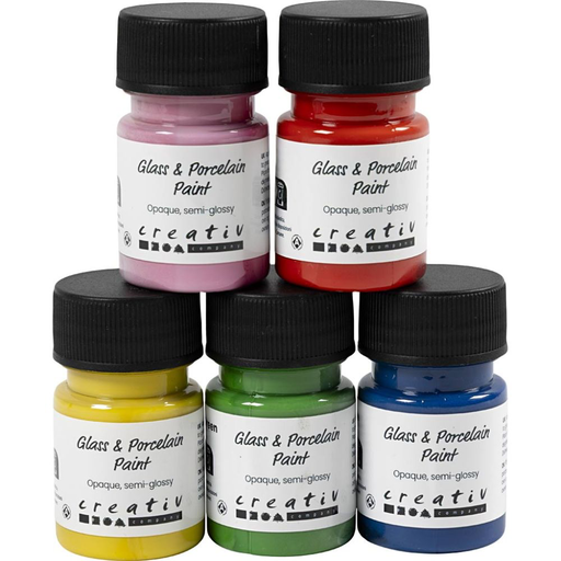 [CR314102] Glas en porselein schilderen, semi-glanzend, dekkend, kleurrijk, 5x30 ml/ 1 doos