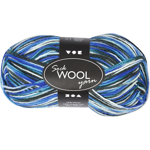 [CR41322] Pelote de Laine pour Chaussettes, L : 200 m, harmonie bleu/turquoise, 50 gr/ 1 boule
